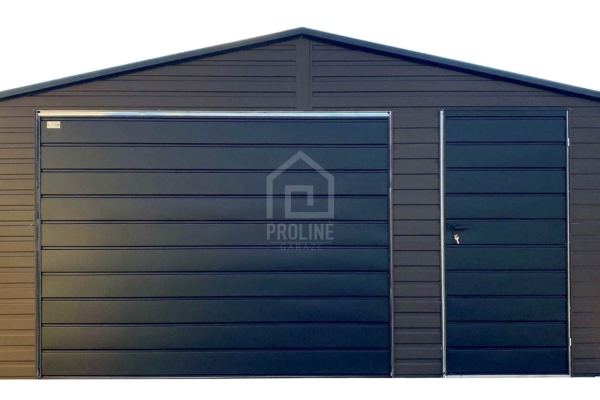 Ogłoszenie - Garaż blaszany 5x5m - brama uchylna - drzwi - ciemny brąz - czarny - dach dwuspadowy PLG202. Zdjęcie 1