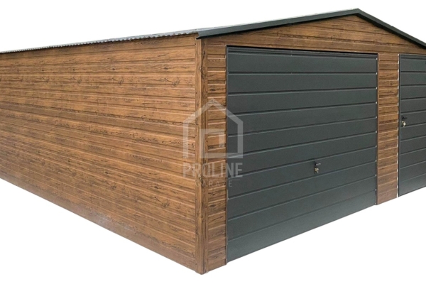 Ogłoszenie - Garaż blaszany 5x6m - brama - drzwi - okno - ciemny orzech - drewnopodobny -  antracyt - dach dwuspadowy PLG203. Zdjęcie 1