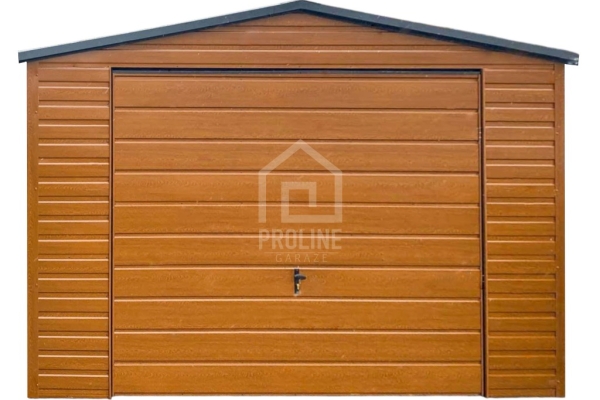 Ogłoszenie - Garaż blaszany 4x4m - Brama uchylna  -  jasny orzech - drewnopodobny - dach dwuspadowy - rynna PLG196. Zdjęcie 1