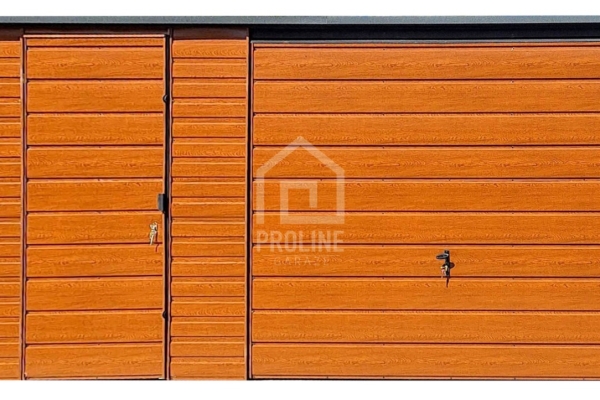 Ogłoszenie - Garaż blaszany 5x6m - Brama uchylna - drzwi - drewnopodobny złoty dąb - Dach spad w tył PLG198. Zdjęcie 2