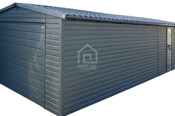 Ogłoszenie - Garaż blaszany 4x6m - wiata 1m - brama - drzwi - okno  - antracyt - rynna - dach dwuspadowy - blachodachówka PLG201. Zdjęcie 1