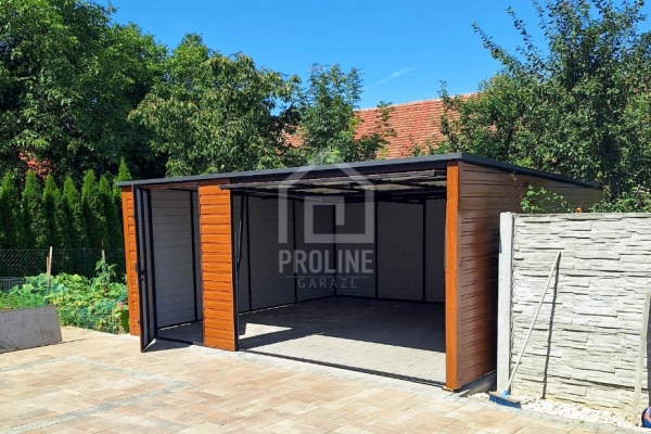 Ogłoszenie - Garaż blaszany 5x6m - Brama uchylna - drzwi - drewnopodobny złoty dąb - Dach spad w tył PLG198. Zdjęcie 1