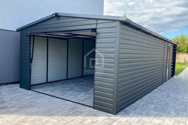 Ogłoszenie - Garaż blaszany 4x6m - wiata 1m - brama - drzwi - okno  - antracyt - rynna - dach dwuspadowy - blachodachówka PLG201. Zdjęcie 5