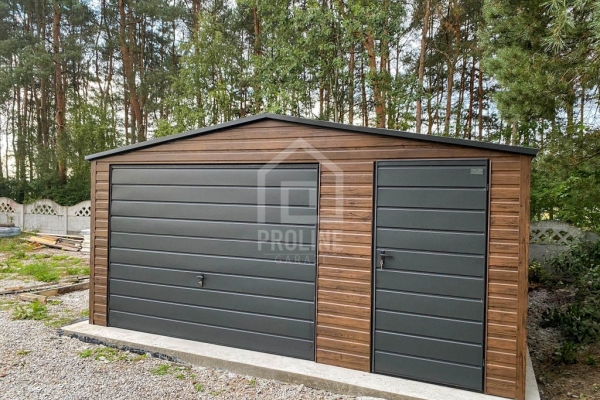 Ogłoszenie - Garaż blaszany 5x6m - brama - drzwi - okno - ciemny orzech - drewnopodobny -  antracyt - dach dwuspadowy PLG203. Zdjęcie 2