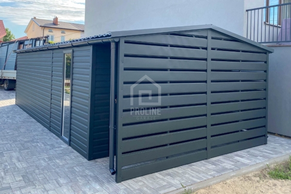 Ogłoszenie - Garaż blaszany 4x6m - wiata 1m - brama - drzwi - okno  - antracyt - rynna - dach dwuspadowy - blachodachówka PLG201. Zdjęcie 4