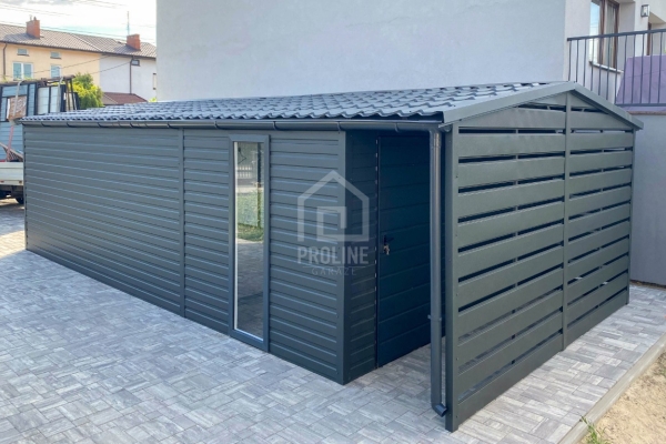 Ogłoszenie - Garaż blaszany 4x6m - wiata 1m - brama - drzwi - okno  - antracyt - rynna - dach dwuspadowy - blachodachówka PLG201. Zdjęcie 6