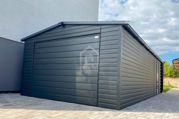 Ogłoszenie - Garaż blaszany 4x6m - wiata 1m - brama - drzwi - okno  - antracyt - rynna - dach dwuspadowy - blachodachówka PLG201. Zdjęcie 2