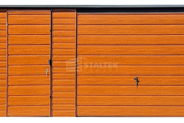 Ogłoszenie - Garaż blaszany 5x6m - Brama uchylna - drzwi - drewnopodobny złoty dąb - Dach spad w tył ST191. Zdjęcie 1