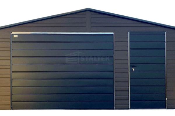 Ogłoszenie - Garaż blaszany 5x5m - brama uchylna - drzwi - ciemny brąz - czarny - dach dwuspadowy ST196. Zdjęcie 1