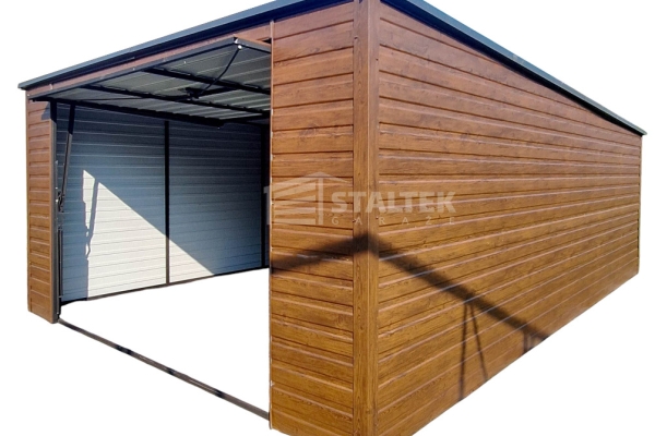 Ogłoszenie - Garaż Blaszany 4x5 Brama uchylna - rynna - ciemny orzech - drewnopodobny - dach Spad w tył ST169. Zdjęcie 1