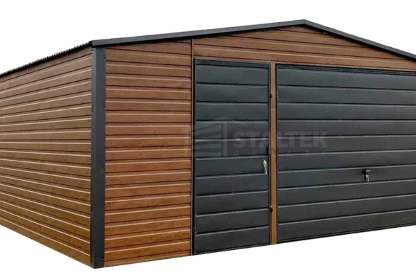 Ogłoszenie - Garaż blaszany 5x6m - Brama uchylna - Ciemny orzech - drewnopodobny - dach dwuspadowy ST173. Zdjęcie 1