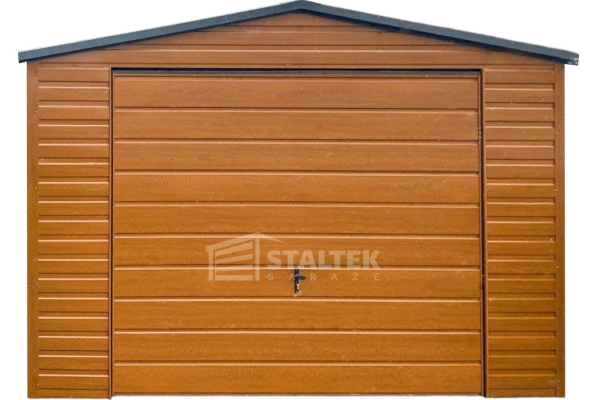 Ogłoszenie - Garaż blaszany 4x4m - Brama uchylna  -  jasny orzech - drewnopodobny - dach dwuspadowy - rynna ST189. Zdjęcie 1