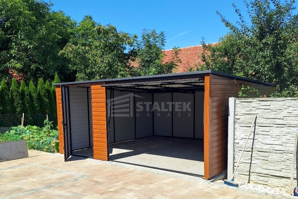 Ogłoszenie - Garaż blaszany 5x6m - Brama uchylna - drzwi - drewnopodobny złoty dąb - Dach spad w tył ST191. Zdjęcie 2