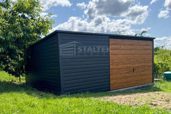 Ogłoszenie - Garaż Blaszany 5x4 Brama uchylna - Antracyt + jasny orzech - drewnopodobny - dach Spad w tył ST172. Zdjęcie 2