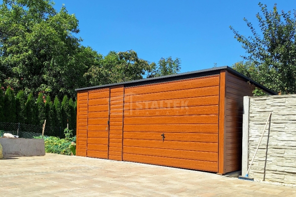 Ogłoszenie - Garaż blaszany 5x6m - Brama uchylna - drzwi - drewnopodobny złoty dąb - Dach spad w tył ST191. Zdjęcie 3