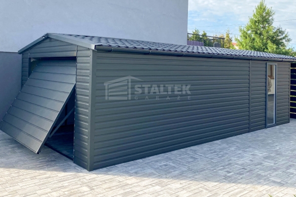 Ogłoszenie - Garaż blaszany 4x6m - wiata 1m - brama - drzwi - okno  - antracyt - rynna - dach dwuspadowy - blachodachówka ST197. Zdjęcie 2