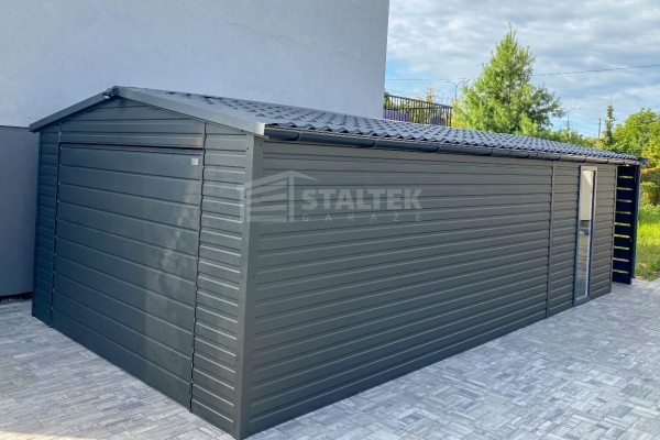 Ogłoszenie - Garaż blaszany 4x6m - wiata 1m - brama - drzwi - okno  - antracyt - rynna - dach dwuspadowy - blachodachówka ST197. Zdjęcie 4