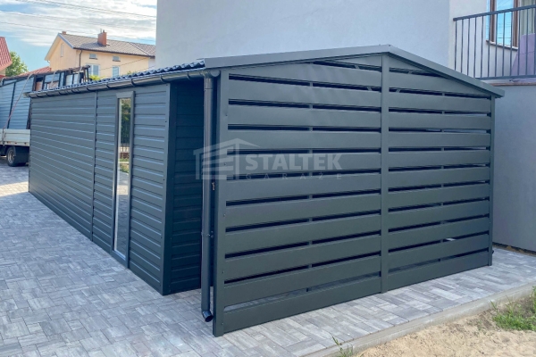 Ogłoszenie - Garaż blaszany 4x6m - wiata 1m - brama - drzwi - okno  - antracyt - rynna - dach dwuspadowy - blachodachówka ST197. Zdjęcie 3