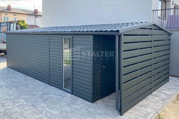 Ogłoszenie - Garaż blaszany 4x6m - wiata 1m - brama - drzwi - okno  - antracyt - rynna - dach dwuspadowy - blachodachówka ST197. Zdjęcie 5