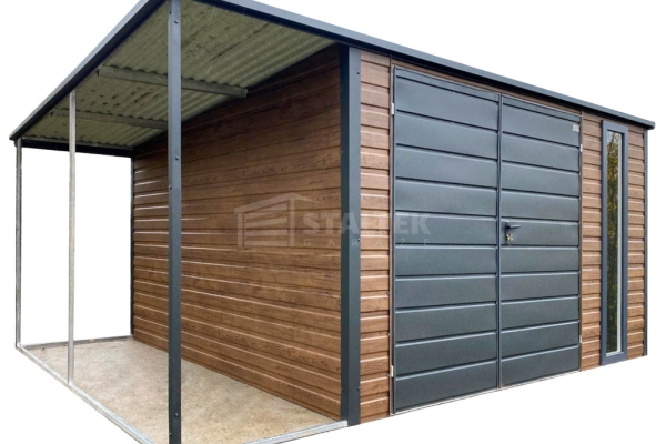 Ogłoszenie - Domek ogrodowy - schowek - 3,5x3,5m –  wiata 1x3,5m - brama dwuskrzydłowa –  okno - drewnopodobny - dach spad w tył ST22. Zdjęcie 1