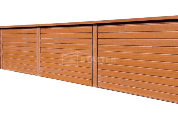 Ogłoszenie - Garaż blaszany 18x5m – 6x brama uchylna – 2x drzwi - rynna - drewnopodobny - spad w tył ST234. Zdjęcie 1