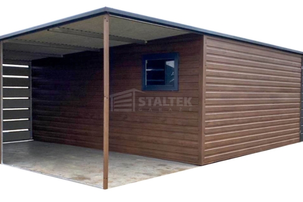 Ogłoszenie - Garaż blaszany 6,5x6m - 2x wiata - brama dwuskrzydłowa - okno - ciemny orzech - drewnopodobny - dach spad w tył ST246. Zdjęcie 1