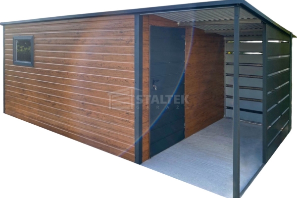 Ogłoszenie - Schowek - Domek ogrodowy 4x2m + wiata 1,5m - drzwi - okno - ciemny orzech - drewnopodobny dach ST252. Zdjęcie 1