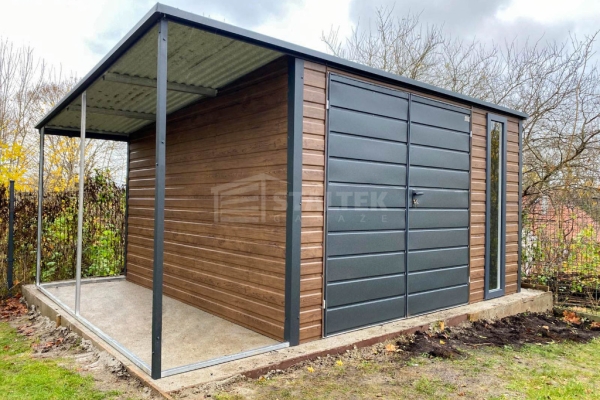 Ogłoszenie - Domek ogrodowy - schowek - 3,5x3,5m –  wiata 1x3,5m - brama dwuskrzydłowa –  okno - drewnopodobny - dach spad w tył ST22. Zdjęcie 2