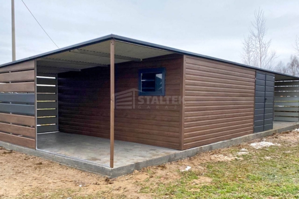 Ogłoszenie - Garaż blaszany 6,5x6m - 2x wiata - brama dwuskrzydłowa - okno - ciemny orzech - drewnopodobny - dach spad w tył ST246. Zdjęcie 2