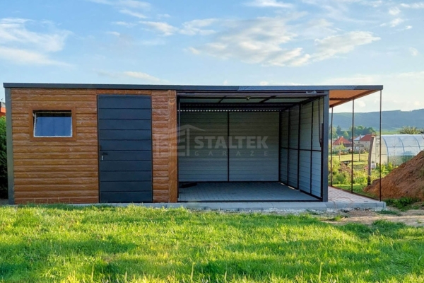 Ogłoszenie - Garaż blaszany 6x5m + wiata 1m - brama uchylna - drzwi - okno - złoty dąb - drewnopodobny - dach spad w tył ST249. Zdjęcie 2