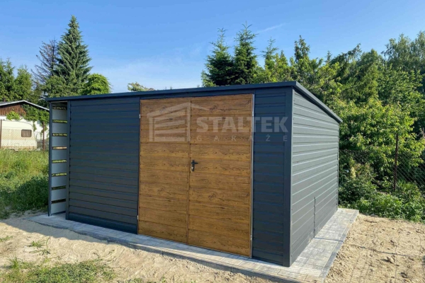 Ogłoszenie - Schowek - Domek Ogrodowy 4,5x2m + wiata 0,5m - Brama - jasny orzech - antracyt - dach spad w tył ST182. Zdjęcie 4
