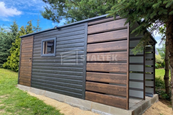 Ogłoszenie - Schowek - Domek ogrodowy 4x2m -wiata 1m - okno - ciemny orzech - drewnopodobny - sosna norweska - dach spad w tył ST184. Zdjęcie 2