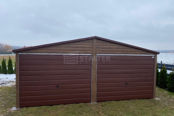 Ogłoszenie - Garaż blaszany 6x5,8m - 2x brama dwuskrzydłowa - ciemny orzech - drewnopodobny - blachodachówka - dach ST248. Zdjęcie 2