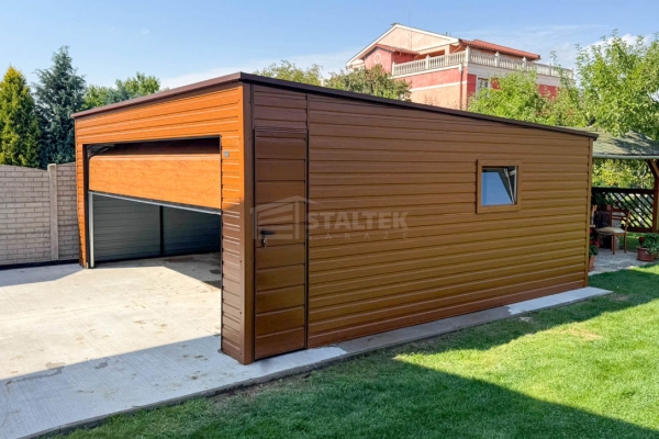 Ogłoszenie - Garaż blaszany 6x5m - brama segmentowa - drzwi - okno - jasny orzech - drewnopodobny - dach spad w tył ST223. Zdjęcie 4