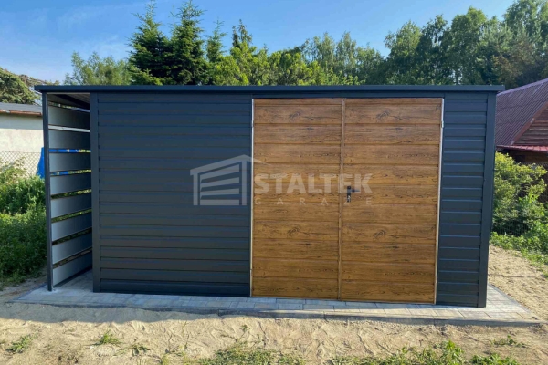 Ogłoszenie - Schowek - Domek Ogrodowy 4x3 - wiata 0,5x3 - brama - jasny orzech drewnopodobny - antracyt - dach spad w tył ST162. Zdjęcie 4