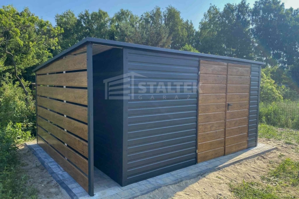 Ogłoszenie - Schowek - Domek Ogrodowy 4,5x2m + wiata 0,5m - Brama - jasny orzech - antracyt - dach spad w tył ST182. Zdjęcie 2