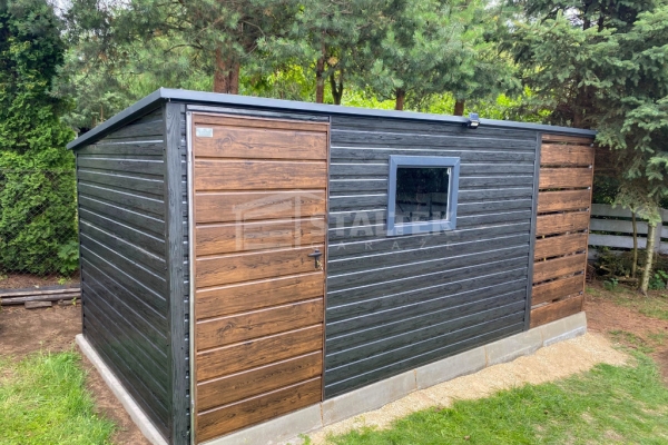 Ogłoszenie - Schowek - Domek ogrodowy 4x2m -wiata 1m - okno - ciemny orzech - drewnopodobny - sosna norweska - dach spad w tył ST184. Zdjęcie 4