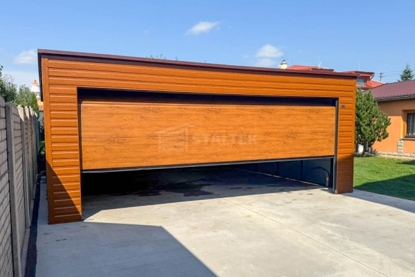 Ogłoszenie - Garaż blaszany 6x5m - brama segmentowa - drzwi - okno - jasny orzech - drewnopodobny - dach spad w tył ST223. Zdjęcie 2