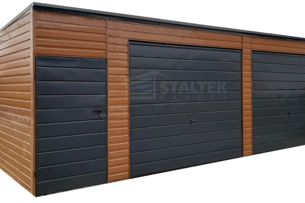 Ogłoszenie - Garaż blaszany 7,5x5,5 - 2x brama - drzwi - jasny orzech drewnopodobny Dach spad w tył ST166. Zdjęcie 1