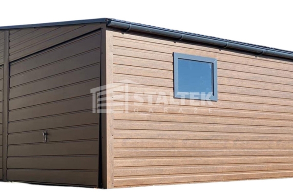 Ogłoszenie - Garaż blaszany 8x6m - 2x Brama - drzwi - 2x okno - ciemny orzech - drewnopodobny - Dach dwuspadowy ST175. Zdjęcie 1