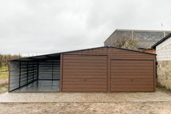 Ogłoszenie - Garaż blaszany 6x6m - wiata 3m - 2x Brama - ciemny orzech - drewnopodobny Dach dwuspadowy - rynny ST192. Zdjęcie 2