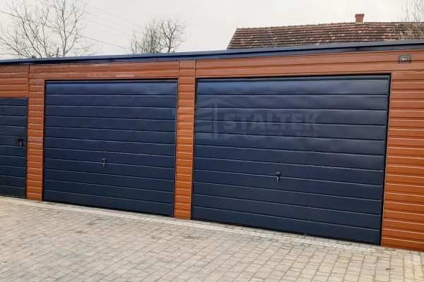 Ogłoszenie - Garaż blaszany 7,5x5,5 - 2x brama - drzwi - jasny orzech drewnopodobny Dach spad w tył ST166. Zdjęcie 2