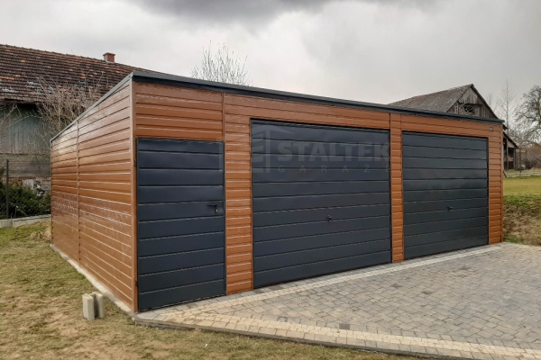 Ogłoszenie - Garaż blaszany 7,5x5,5 - 2x brama - drzwi - jasny orzech drewnopodobny Dach spad w tył ST166. Zdjęcie 3