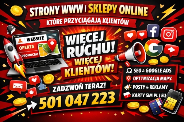 Ogłoszenie - Strony WWW od 299 PLN, sklepy internetowe od 1499 PLN, SEO, e‑commerce, Social Media, Google Maps, projekty graficzne. Zdjęcie 1