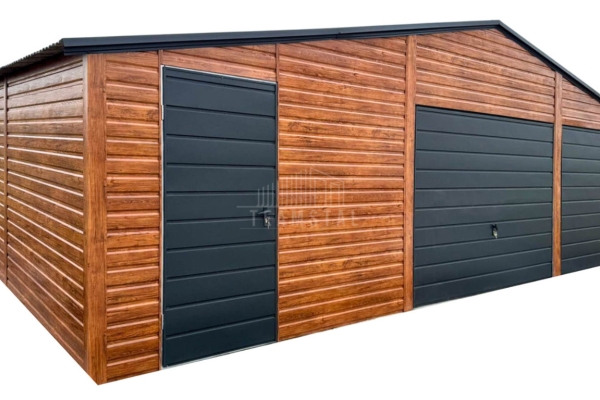 Ogłoszenie - Garaż blaszany 9x6m - 2 x brama uchylna - drzwi - jasny orzech  - drewnopodobny - antracyt - dach dwuspadowy TS1196. Zdjęcie 1