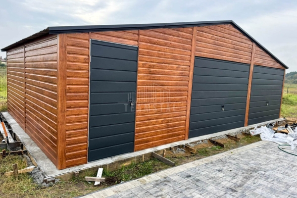 Ogłoszenie - Garaż blaszany 9x6m - 2 x brama uchylna - drzwi - jasny orzech  - drewnopodobny - antracyt - dach dwuspadowy TS1196. Zdjęcie 3
