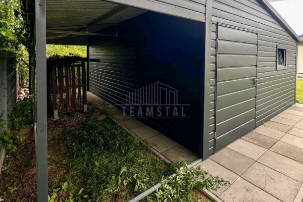 Ogłoszenie - Schowek domek ogrodowy 4,5x5m + wiata 1,5m - drzwi - okno - antracyt - rynny - dach dwuspadowy - blachodachówka TS1163. Zdjęcie 5