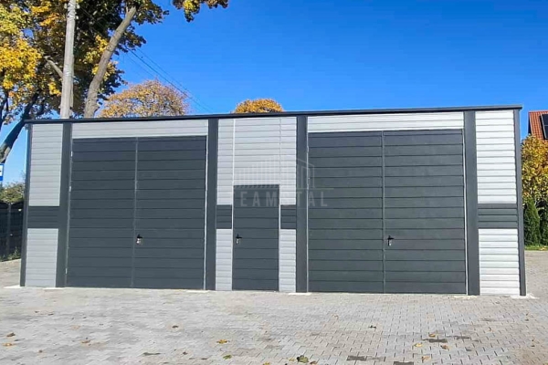 Ogłoszenie - Hala - garaż blaszany 9,5x9m - 2 x brama dwuskrzydłowa - drzwi - jasny srebrny - antracyt - dach spad w tył TS1212. Zdjęcie 7