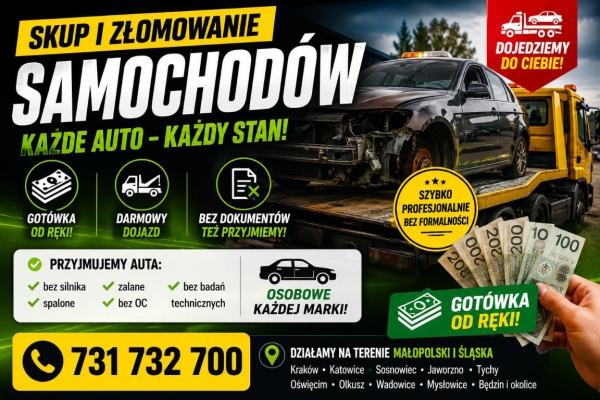 Ogłoszenie - Złomowanie aut osobowych i dostawczych z odbiorem - auto złom Małopolska, Śląsk. Zdjęcie 1