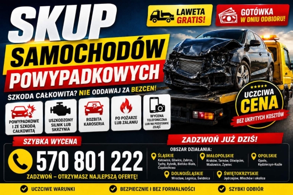 Ogłoszenie - Skup samochodów powypadkowych | Skup aut uszkodzonych | Dojazd lawetą. Zdjęcie 1